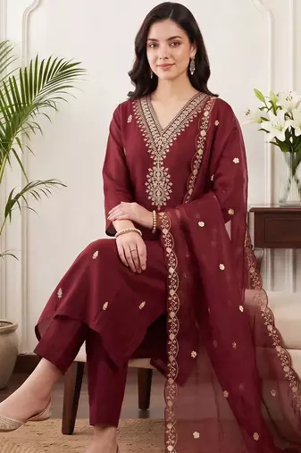 women ethnic motifs embroidered regular thread work kurta with trousers & with dupatta