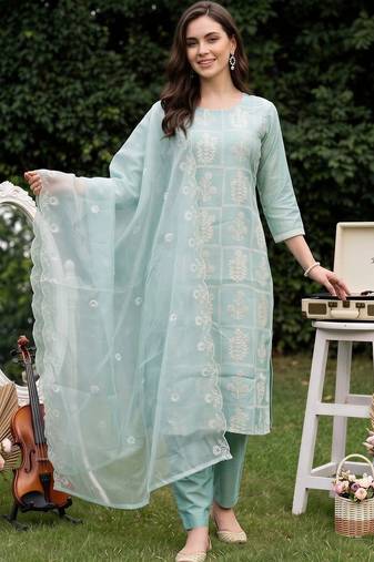 women ethnic motifs embroidered regular thread work kurta with trousers & with dupatta