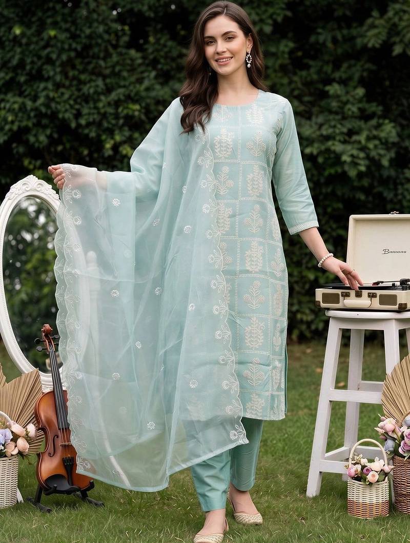women ethnic motifs embroidered regular thread work kurta with trousers & with dupatta