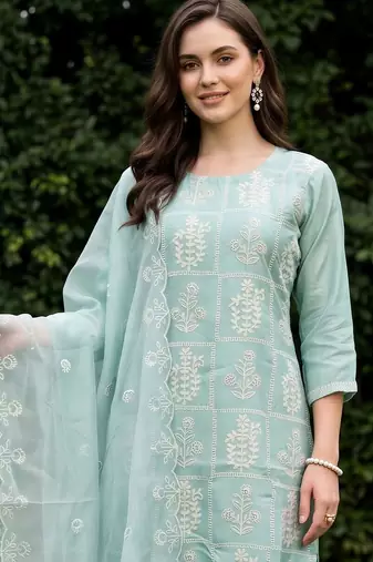 women ethnic motifs embroidered regular thread work kurta with trousers & with dupatta