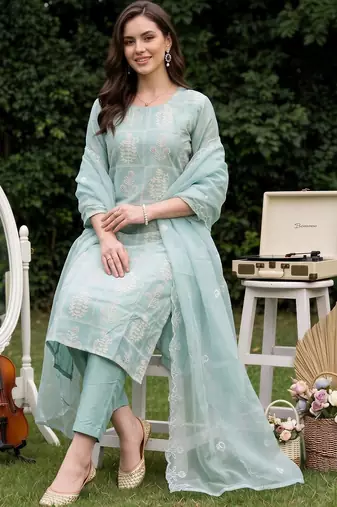 women ethnic motifs embroidered regular thread work kurta with trousers & with dupatta