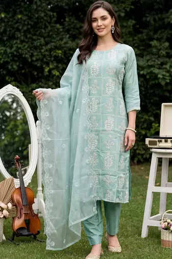 women ethnic motifs embroidered regular thread work kurta with trousers & with dupatta