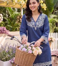 women ethnic motifs embroidered regular thread work linen kurta with trousers