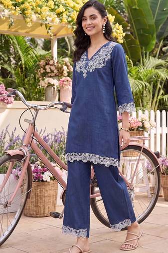 women ethnic motifs embroidered regular thread work linen kurta with trousers