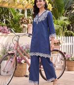 women ethnic motifs embroidered regular thread work linen kurta with trousers