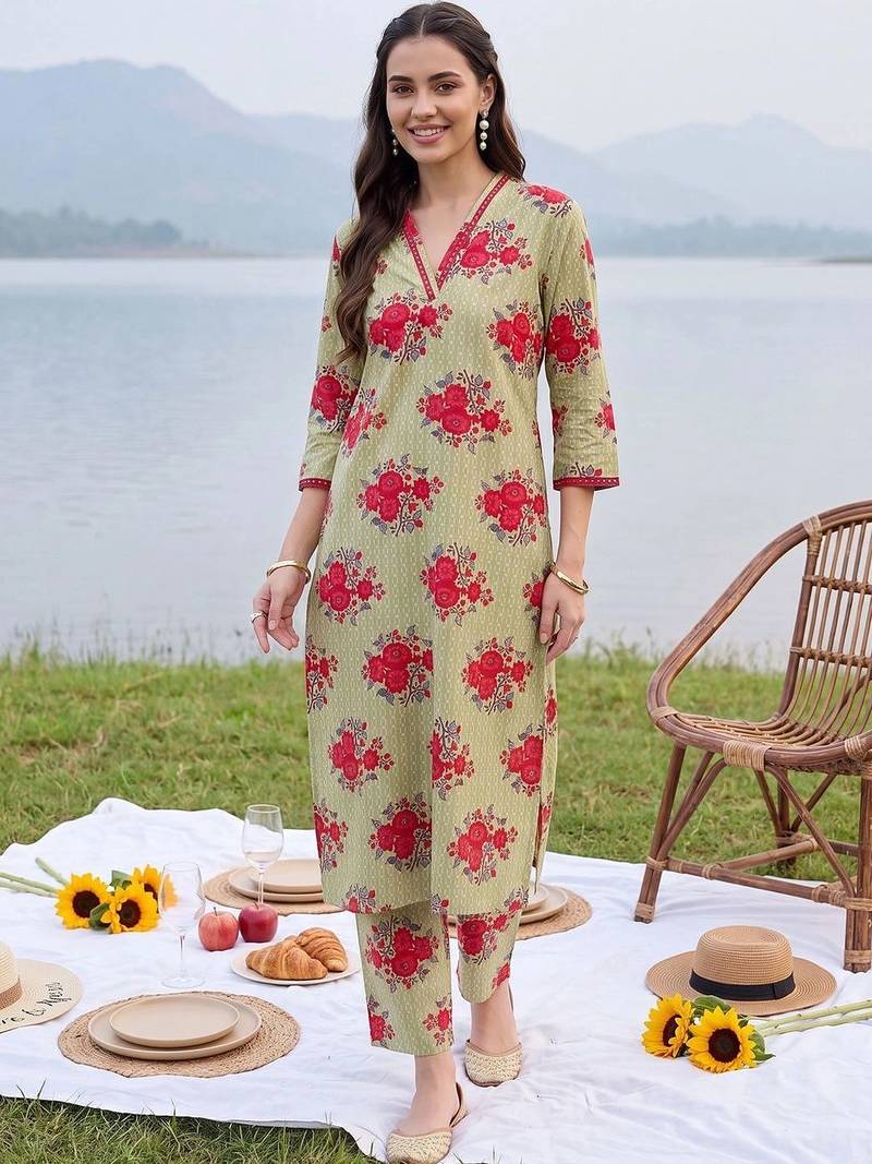 women floral printed regular cotton kurta with trousers