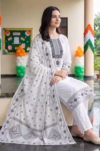 women ethnic motifs embroidered regular mirror work cotton kurta with trousers & with dupatta