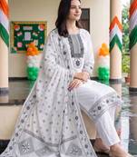 women ethnic motifs embroidered regular mirror work cotton kurta with trousers & with dupatta