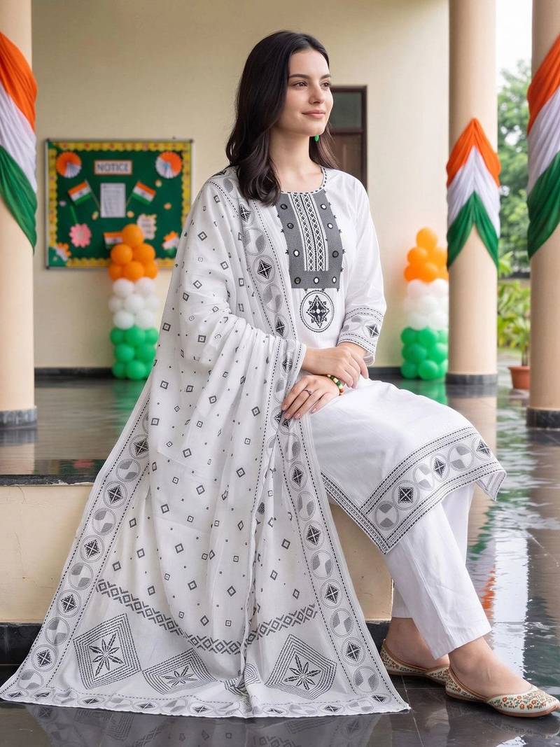 women ethnic motifs embroidered regular mirror work cotton kurta with trousers & with dupatta
