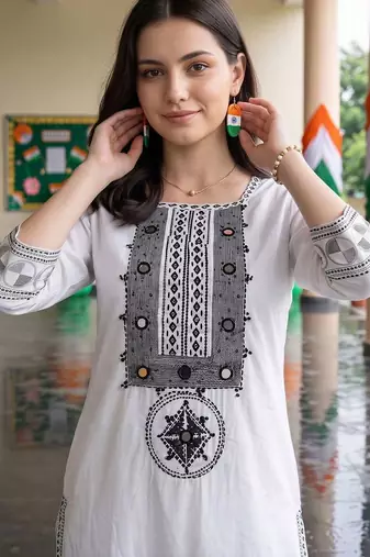women ethnic motifs embroidered regular mirror work cotton kurta with trousers & with dupatta