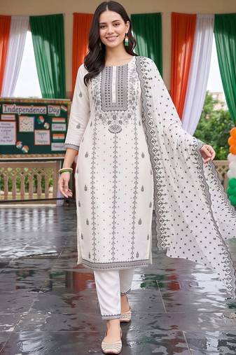 women ethnic motifs printed regular kurta with trousers & with dupatta