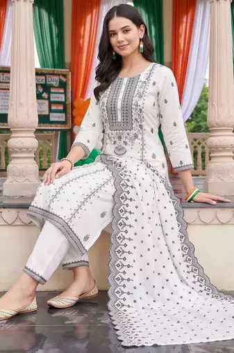 women ethnic motifs printed regular kurta with trousers & with dupatta