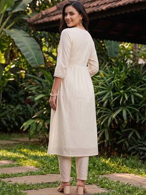 women floral embroidered empire thread work cotton kurta with trousers 4