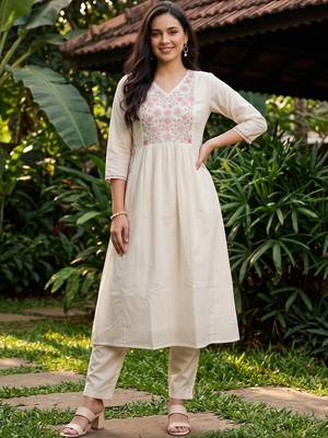 women floral embroidered empire thread work cotton kurta with trousers 6