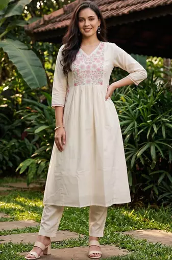 women floral embroidered empire thread work cotton kurta with trousers