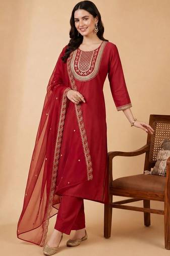 women ethnic motifs embroidered regular liva kurta with trousers & with dupatta