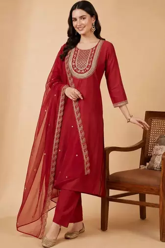 women ethnic motifs embroidered regular liva kurta with trousers & with dupatta
