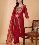women ethnic motifs embroidered regular liva kurta with trousers & with dupatta