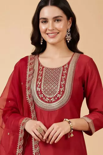 women ethnic motifs embroidered regular liva kurta with trousers & with dupatta