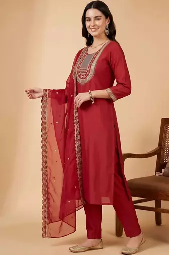 women ethnic motifs embroidered regular liva kurta with trousers & with dupatta