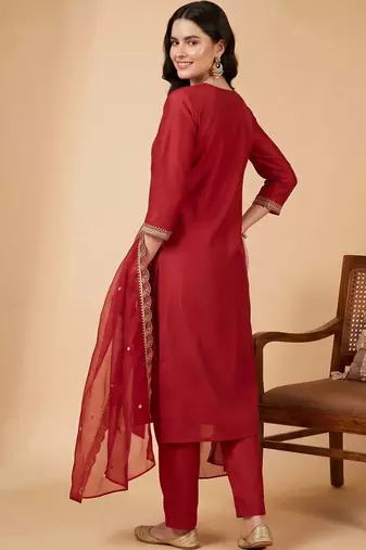 women ethnic motifs embroidered regular liva kurta with trousers & with dupatta