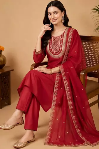 women ethnic motifs embroidered regular liva kurta with trousers & with dupatta