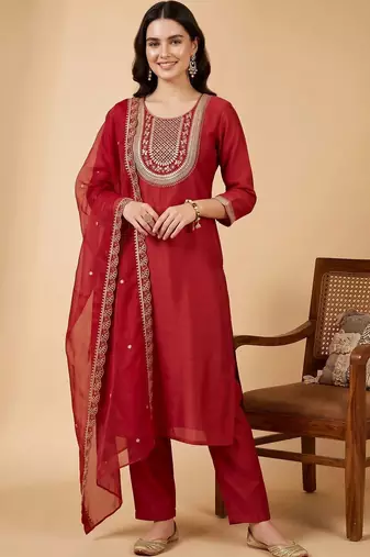 women ethnic motifs embroidered regular liva kurta with trousers & with dupatta