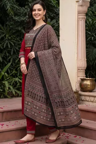 women printed regular gotta patti cotton kurta with trousers & with dupatta
