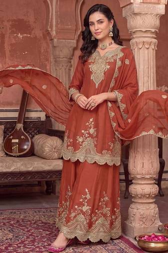 women ethnic motifs embroidered regular kurta with palazzos & with dupatta