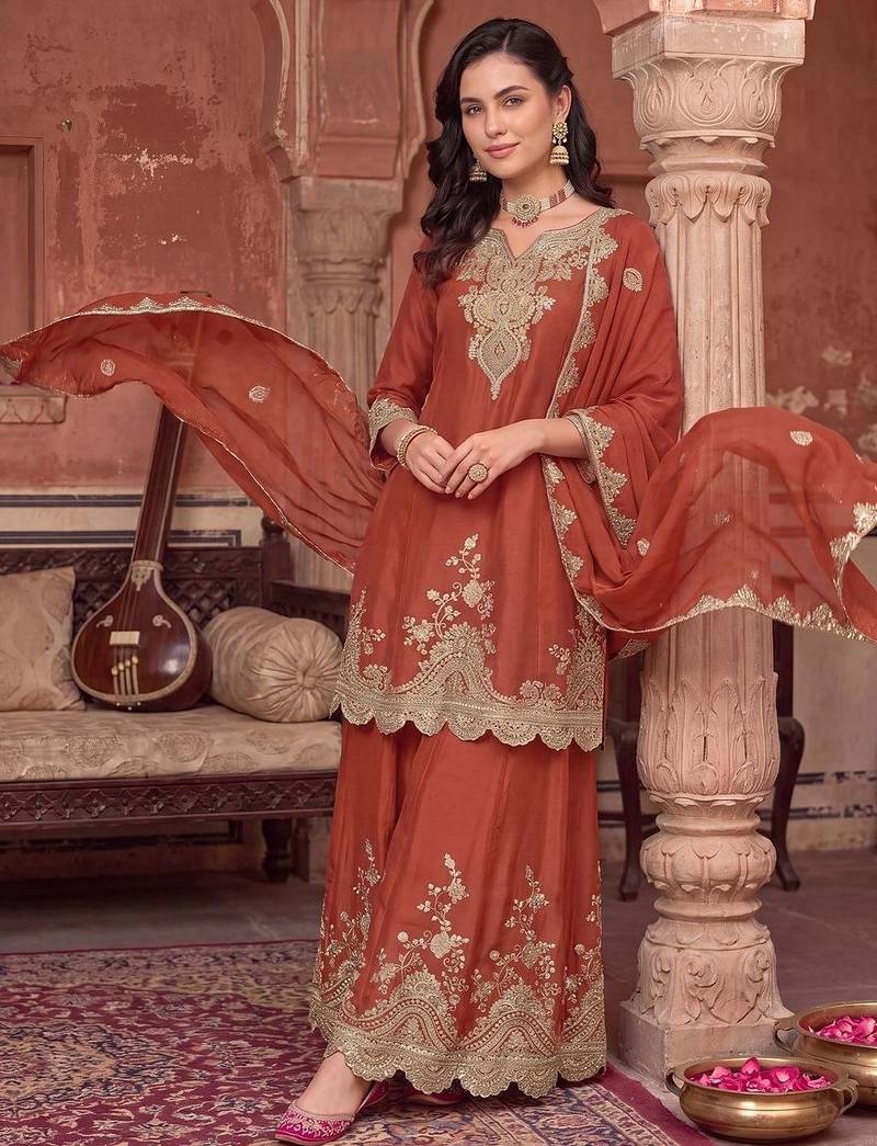 women ethnic motifs embroidered regular kurta with palazzos & with dupatta