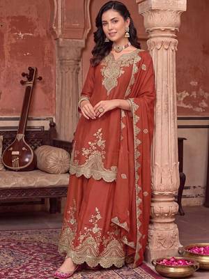 women ethnic motifs embroidered regular kurta with palazzos & with dupatta 4