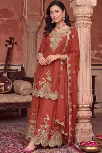 women ethnic motifs embroidered regular kurta with palazzos & with dupatta