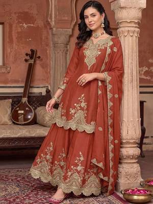 women ethnic motifs embroidered regular kurta with palazzos & with dupatta 5