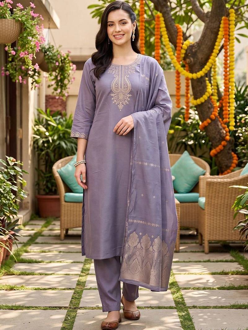 women ethnic motifs embroidered regular thread work kurta with trousers & with dupatta