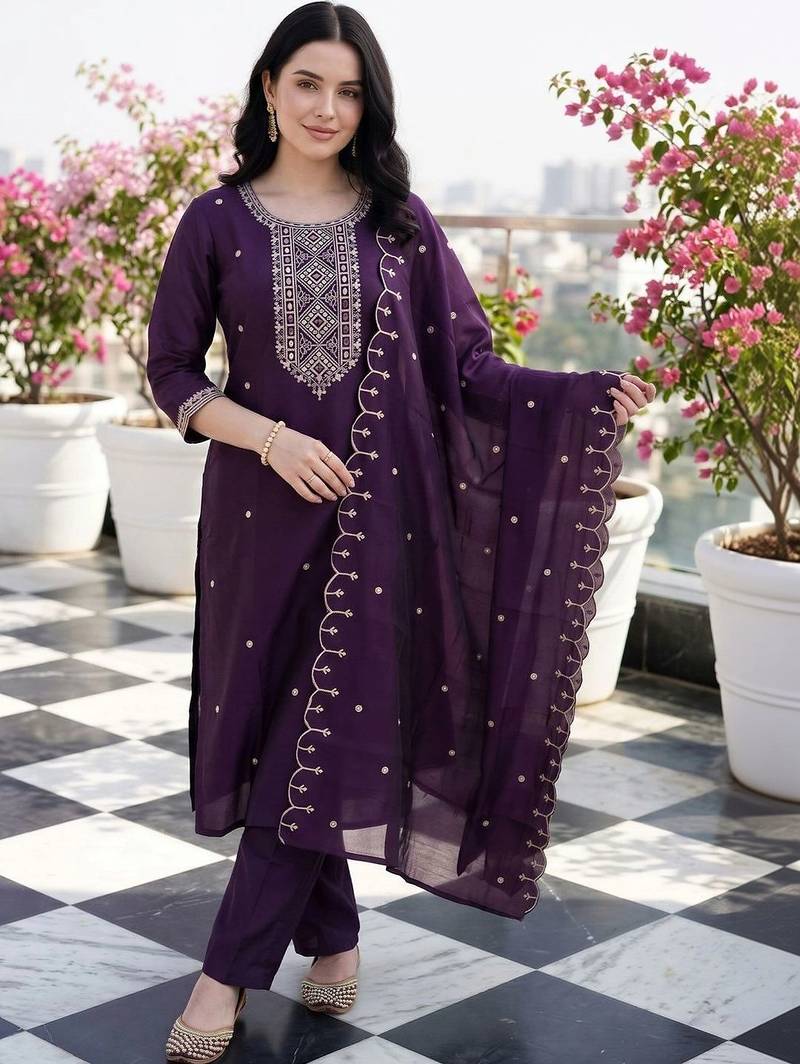 women ethnic motifs embroidered regular thread work kurta with trousers & with dupatta