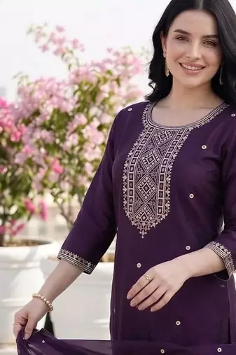 women ethnic motifs embroidered regular thread work kurta with trousers & with dupatta