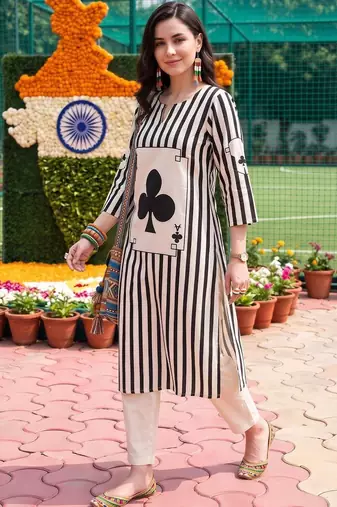 women striped regular cotton kurta with trousers