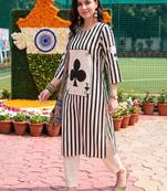 women striped regular cotton kurta with trousers