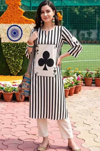women striped regular cotton kurta with trousers