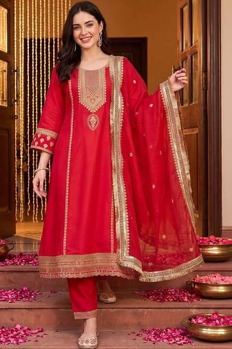 women ethnic motifs embroidered regular kurta with trousers & with dupatta