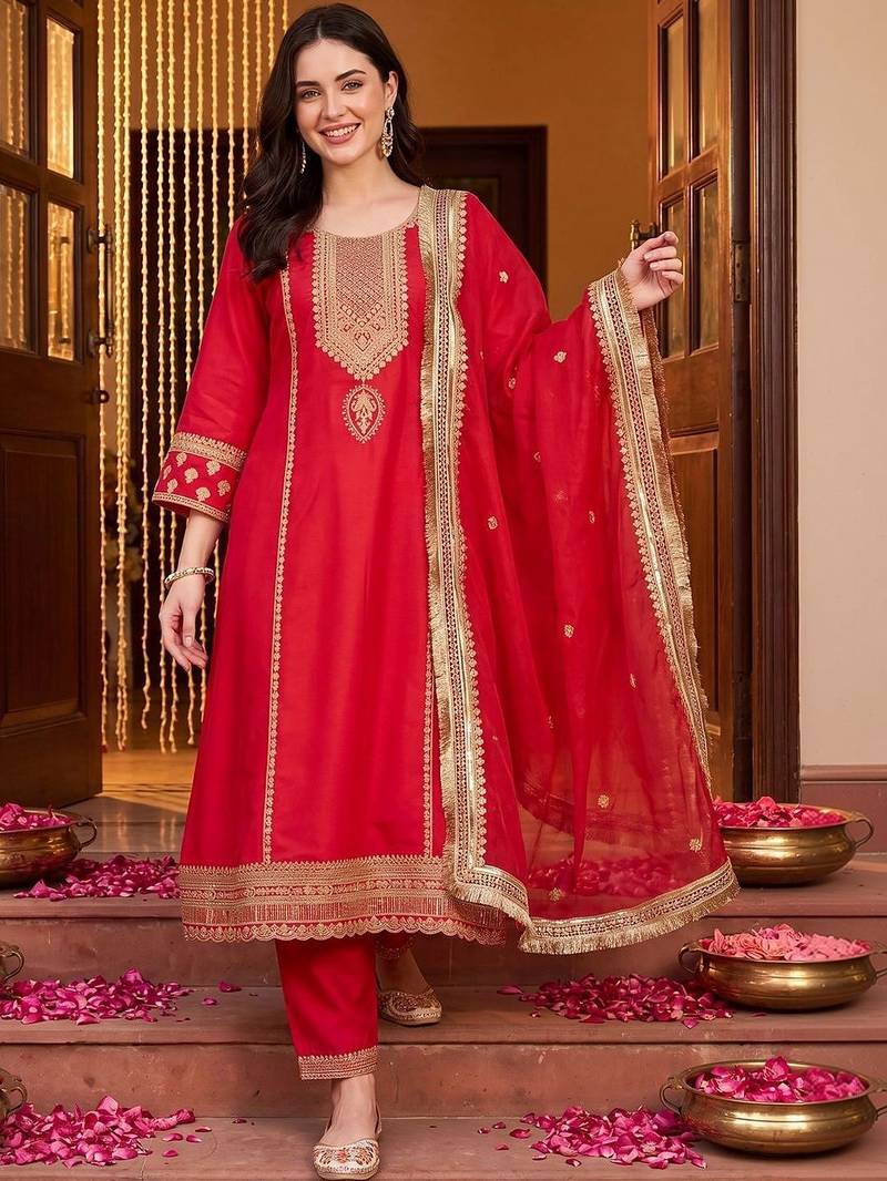 women ethnic motifs embroidered regular kurta with trousers & with dupatta
