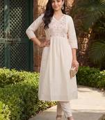 women floral embroidered regular thread work cotton kurta with trousers