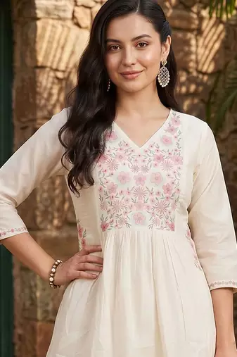 women floral embroidered regular thread work cotton kurta with trousers