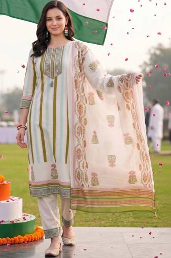 women ethnic motifs printed regular thread work cotton kurta with trousers & with dupatta