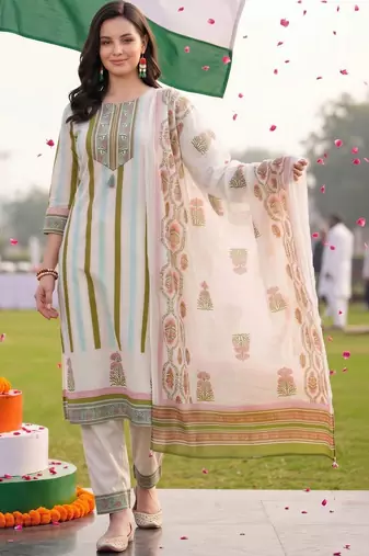 women ethnic motifs printed regular thread work cotton kurta with trousers & with dupatta