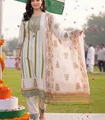 women ethnic motifs printed regular thread work cotton kurta with trousers & with dupatta