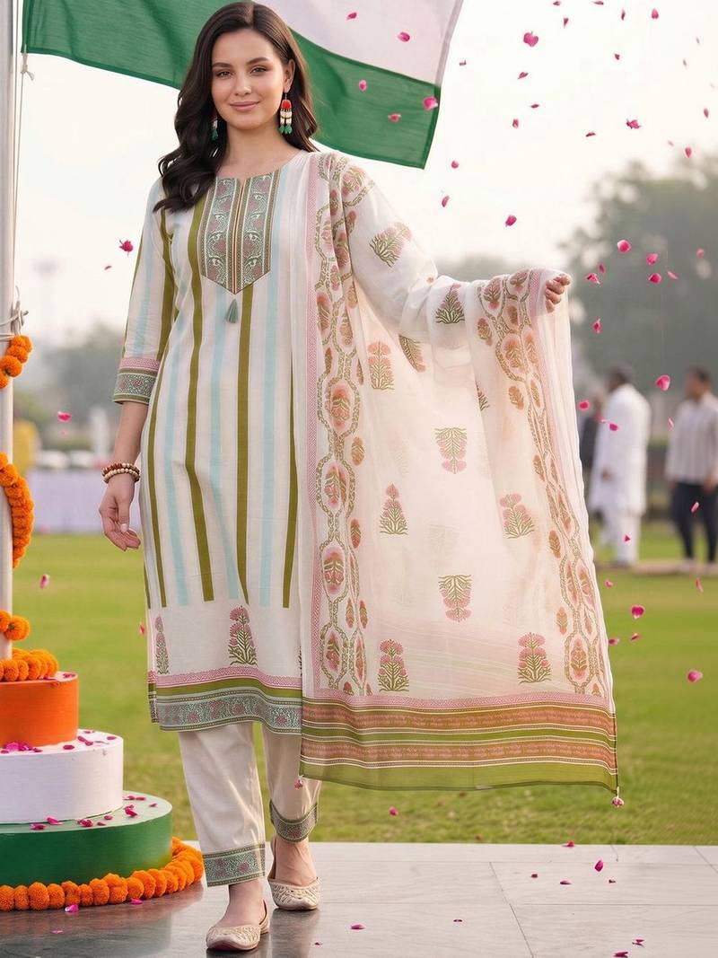 women ethnic motifs printed regular thread work cotton kurta with trousers & with dupatta