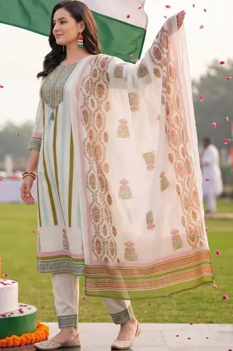 women ethnic motifs printed regular thread work cotton kurta with trousers & with dupatta