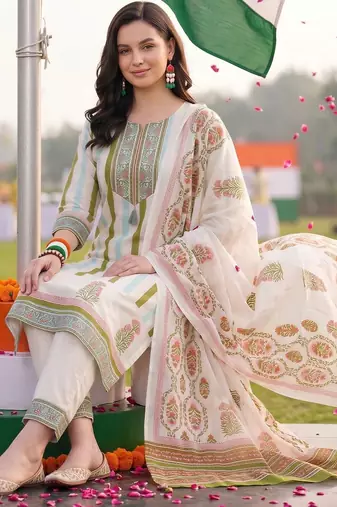 women ethnic motifs printed regular thread work cotton kurta with trousers & with dupatta