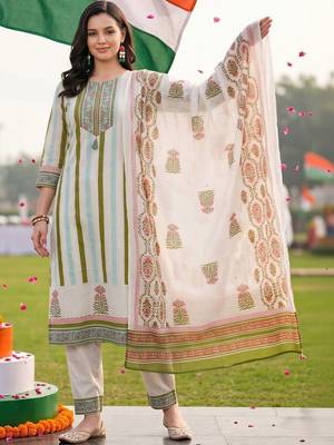 women ethnic motifs printed regular thread work cotton kurta with trousers & with dupatta 4